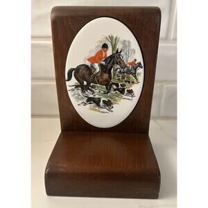 Vintage Fox Hunt Hunting Wooden Single Bookend‎ Equestrian Dogs Horses Porcelain